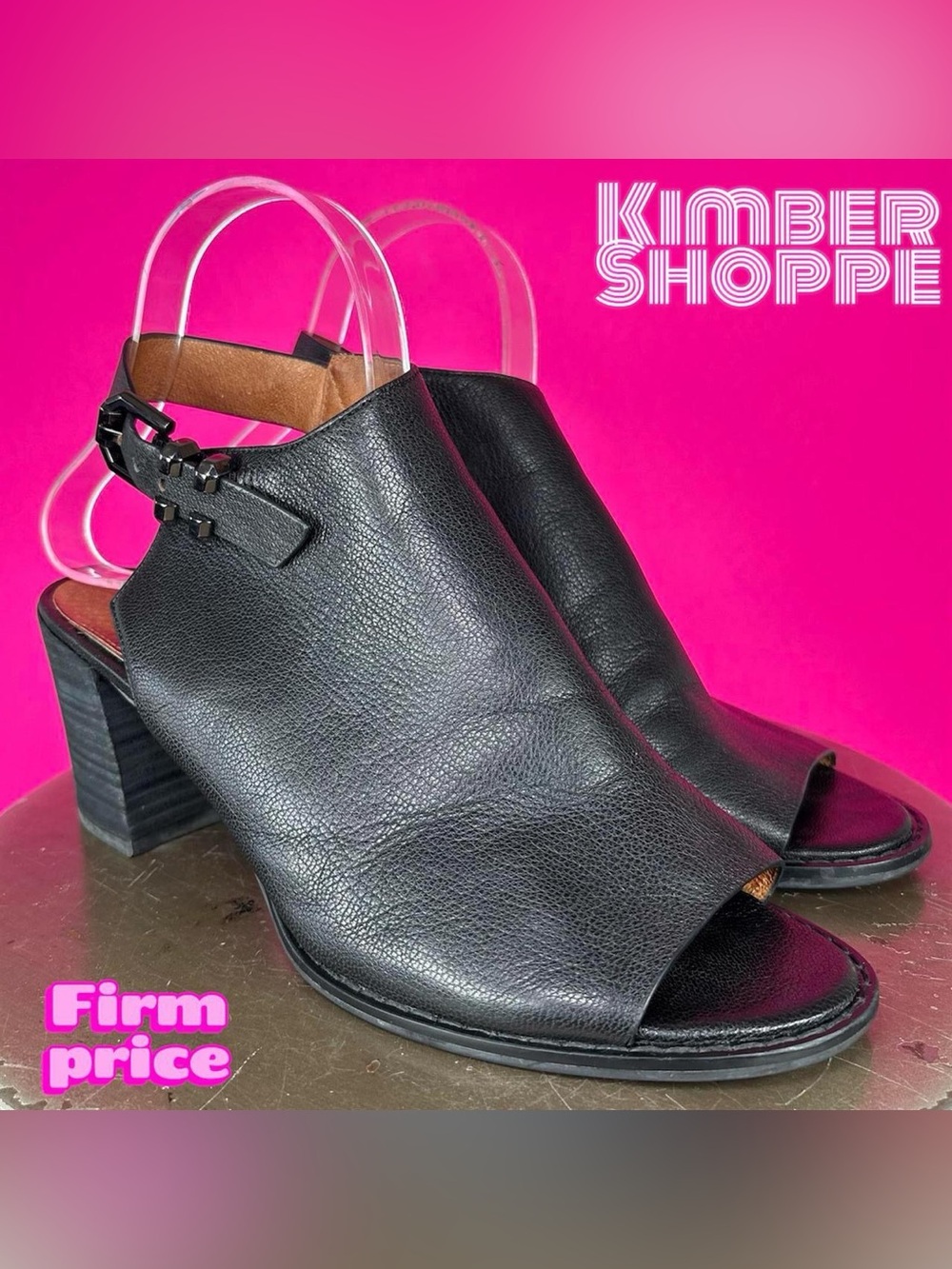 Kenneth Cole Black Leather Peep Toe Slingback Block Heel Sandal US 8 UK 6 EU 39
